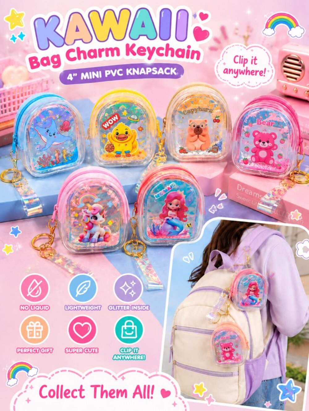 Kawaii Mini PVC Backpack Bag Charm Keychain | Cute Animal Coin Pouch Key Ring